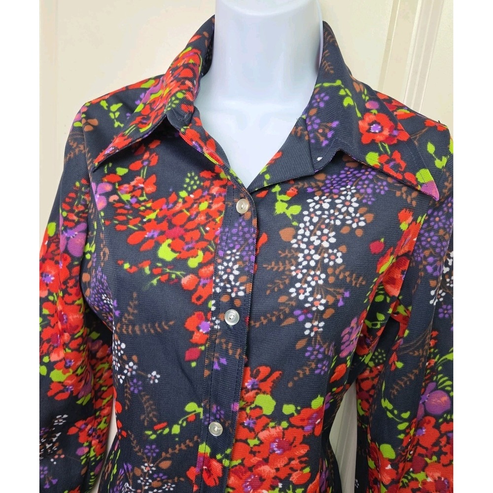 Vtg 1970s Floral Double Knit Dagger Collar Blouse Disco Boho NPC Fashions S/M